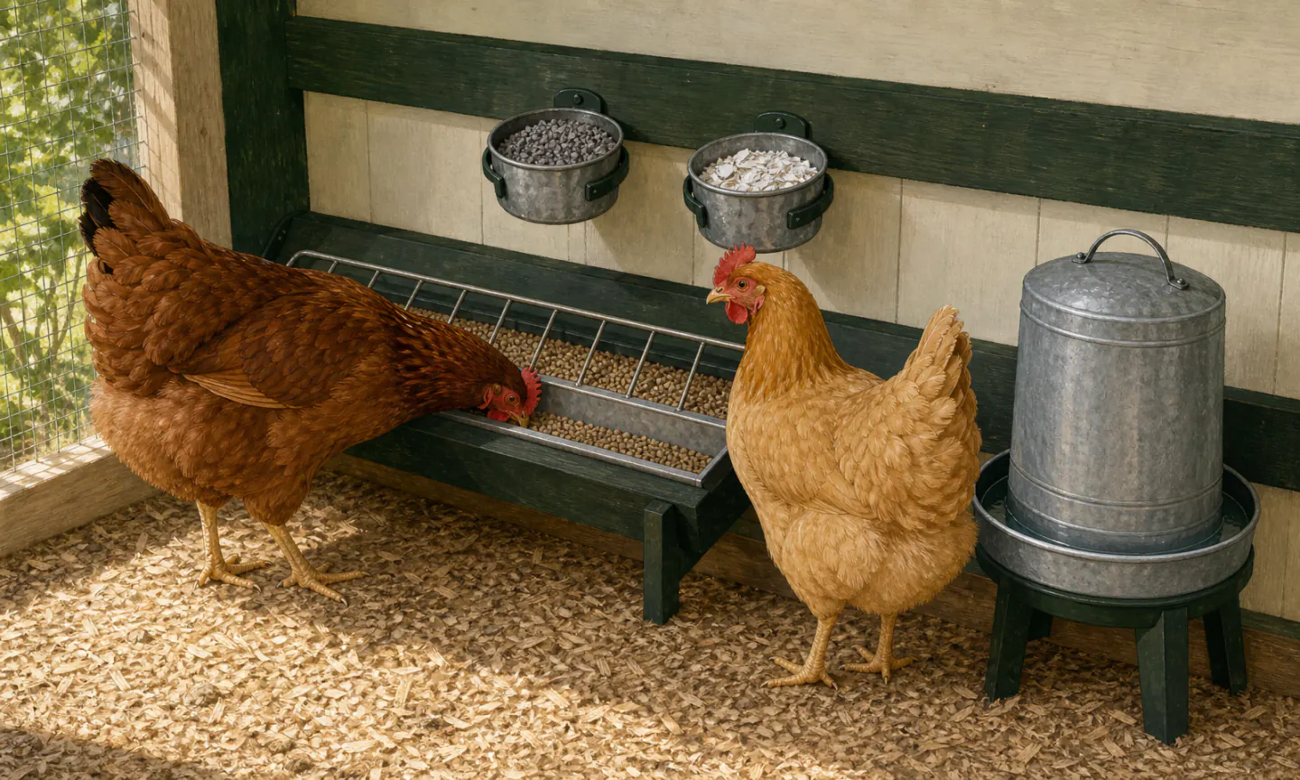 Two hens at an organized feeding station with complete pelleted feed, separate cups of granite grit and oyster shell, and a poultry waterer