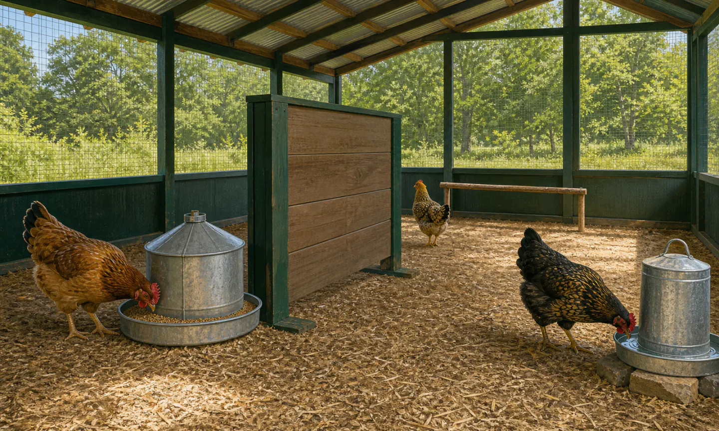 Three hens using a spacious run with a central visual barrier, separated feed and water stations, open escape routes, and a low perch
