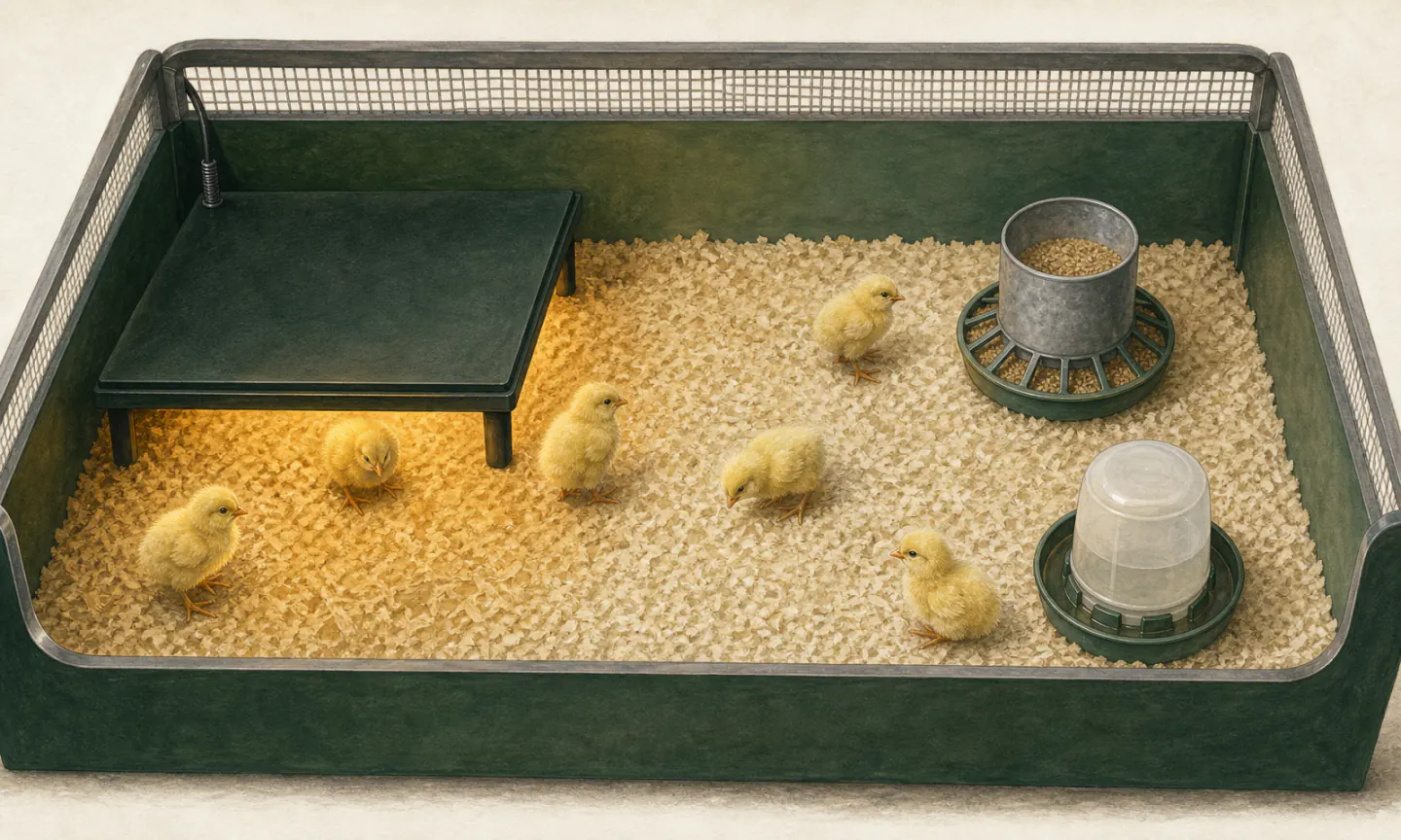 Six chicks spread across a clean brooder with a low heating plate at one end and a feeder and shallow poultry waterer in the cooler zone
