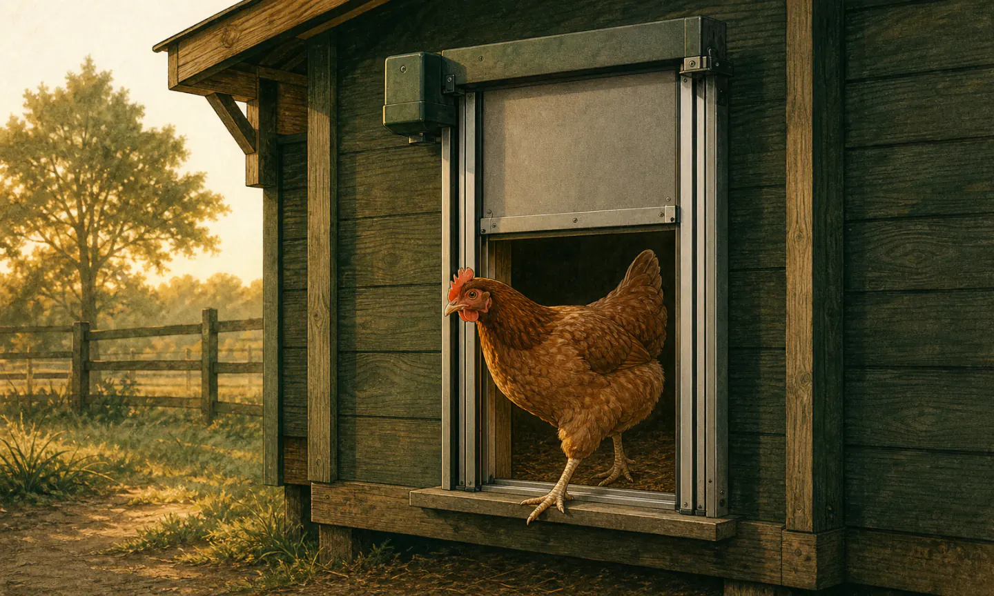A brown hen stepping through a raised metal automatic door mounted in straight guides on a timber coop at dawn