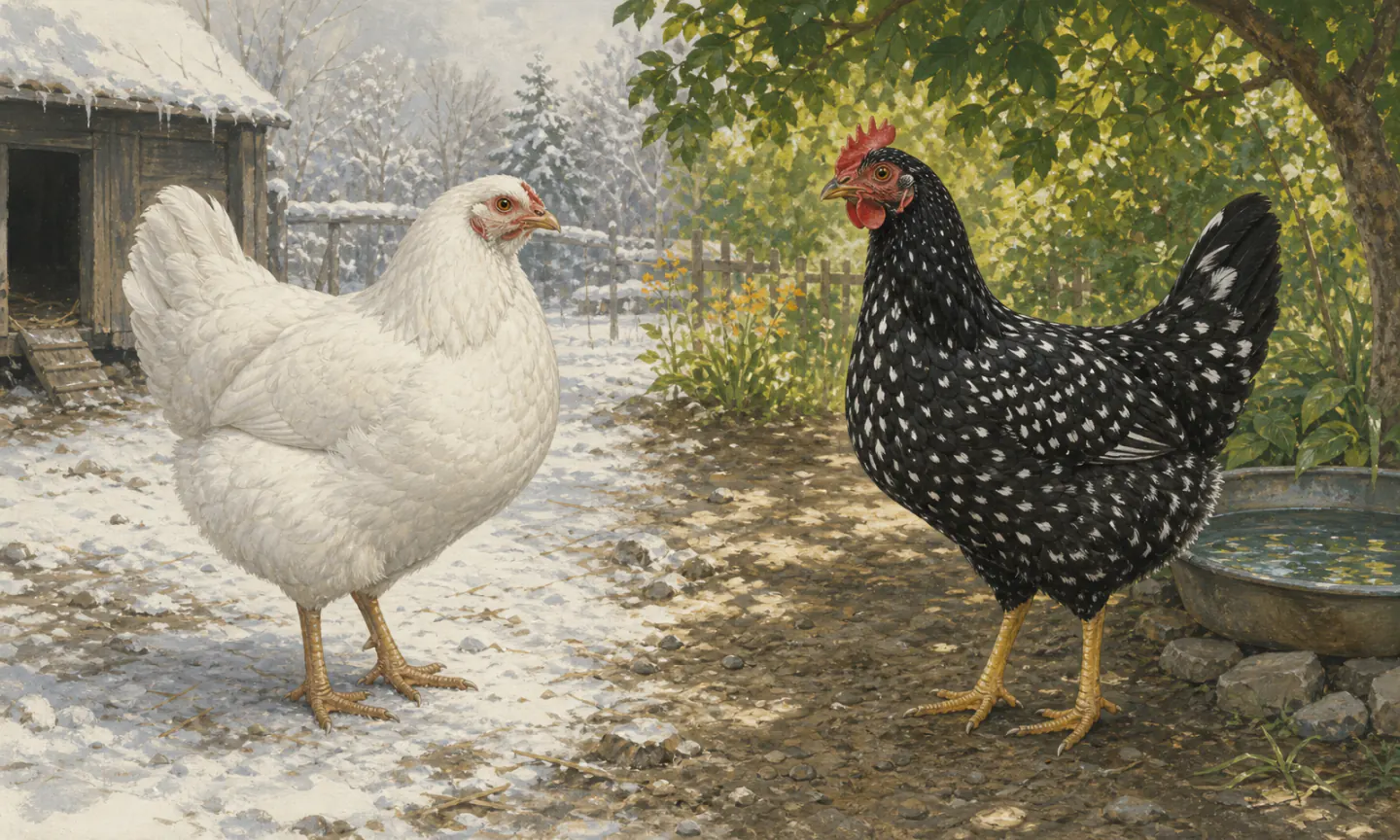 A stocky white Chantecler hen with a small cushion comb in a snowy yard beside a mottled black Ancona hen standing in summer shade