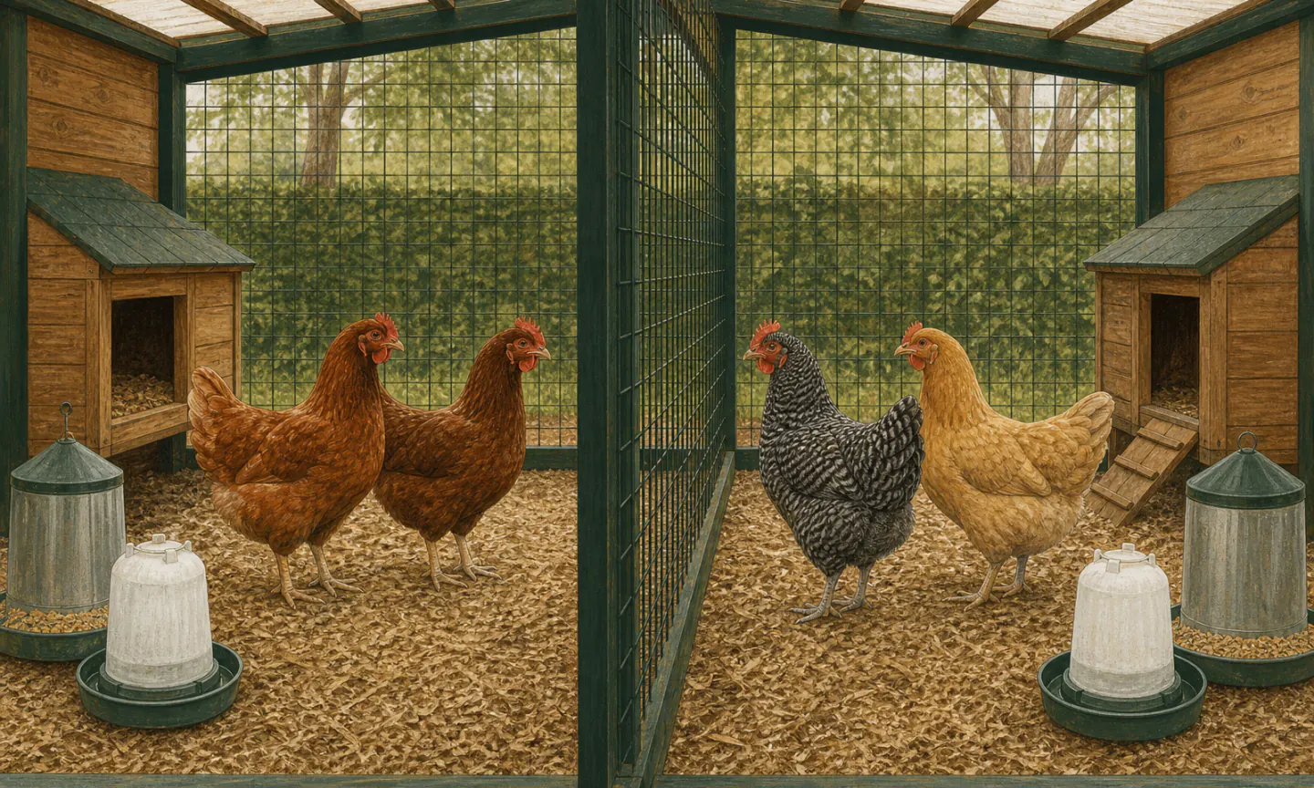 Two pairs of hens calmly observing each other through a full-height wire divider with separate shelter, feed, and water on both sides