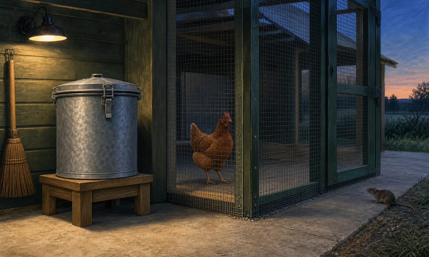 A clamped galvanized feed-storage can on a raised stand beside a clean secure run, with one hen inside and a small rat excluded outside the mesh