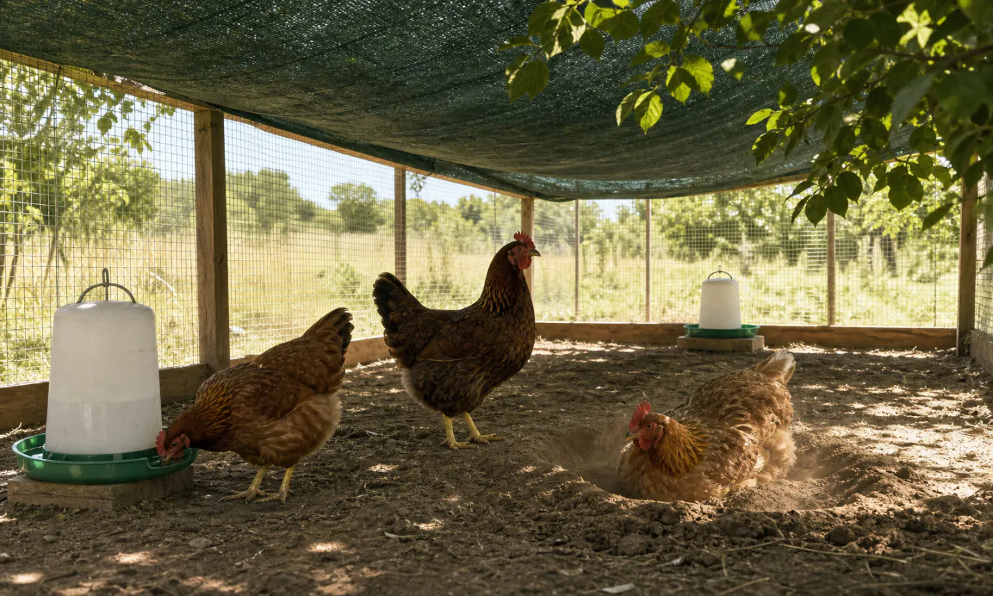Three hens resting, drinking, and dust bathing beneath a ventilated shade cloth with two poultry water stations